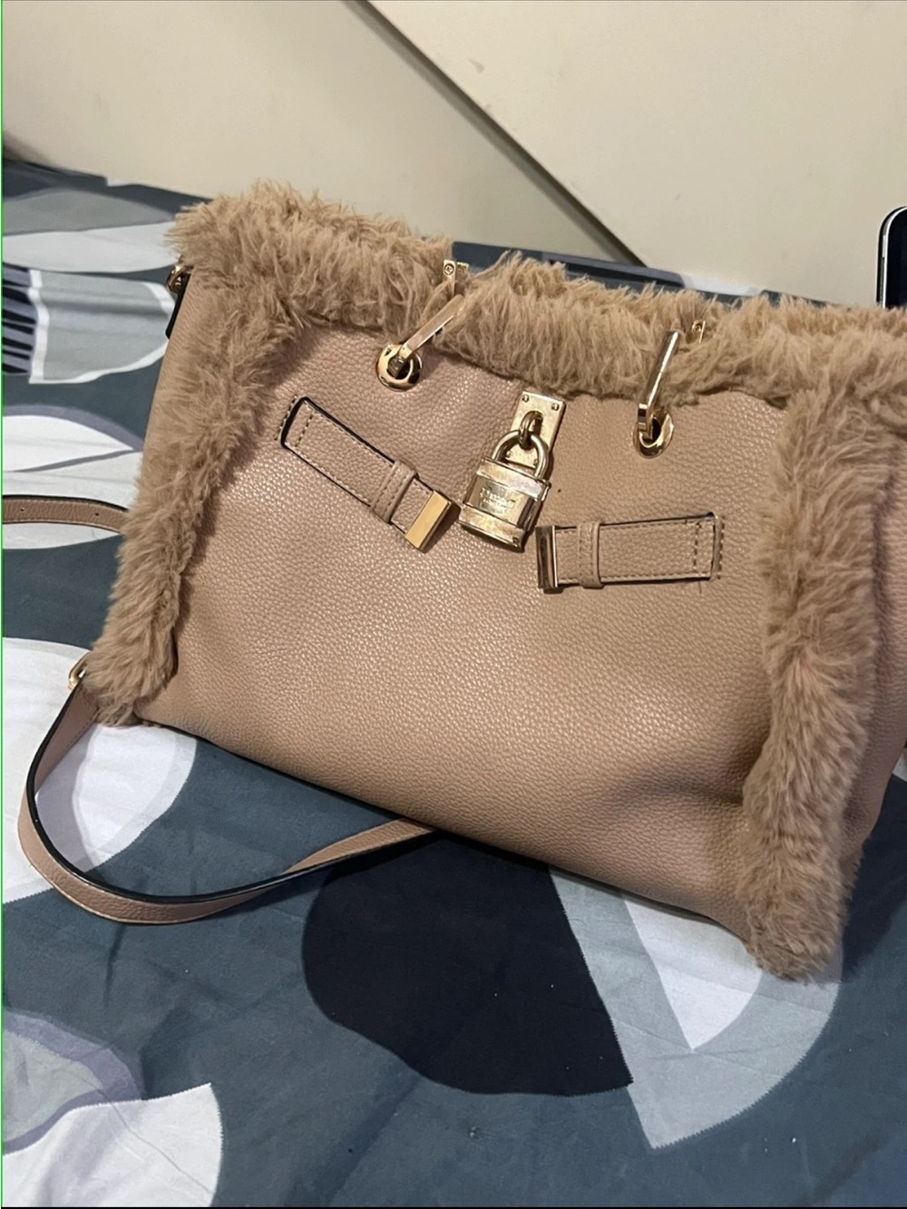 Dune London Beige Faux-Fur Trim Tote with Gold Hardware